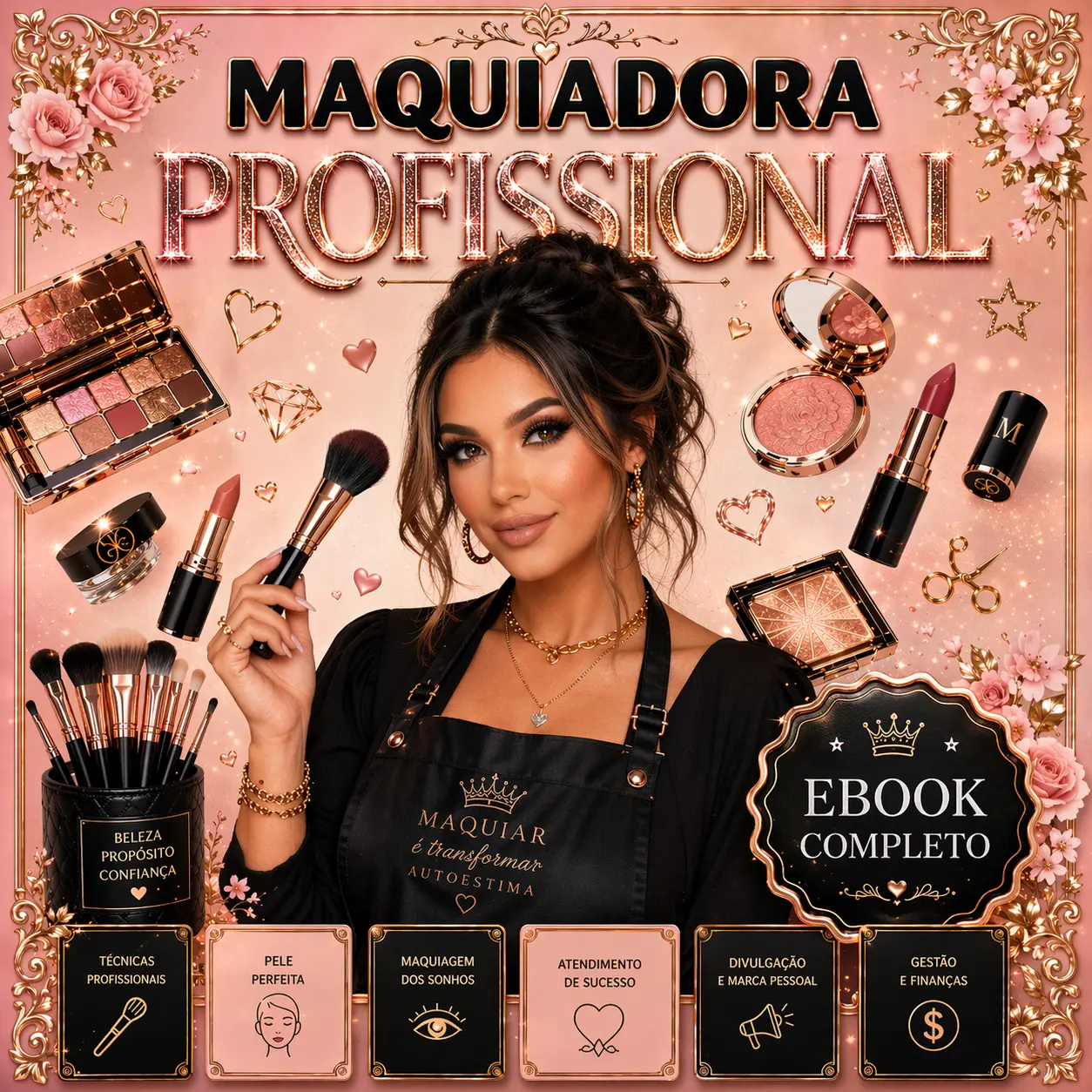 ROSTO COM MAQUIAGEM PROFISSIONAL DE ALTA COBERTURA E ACABAMENTO GLAMOUR DO EBOOK MAKE PRO.