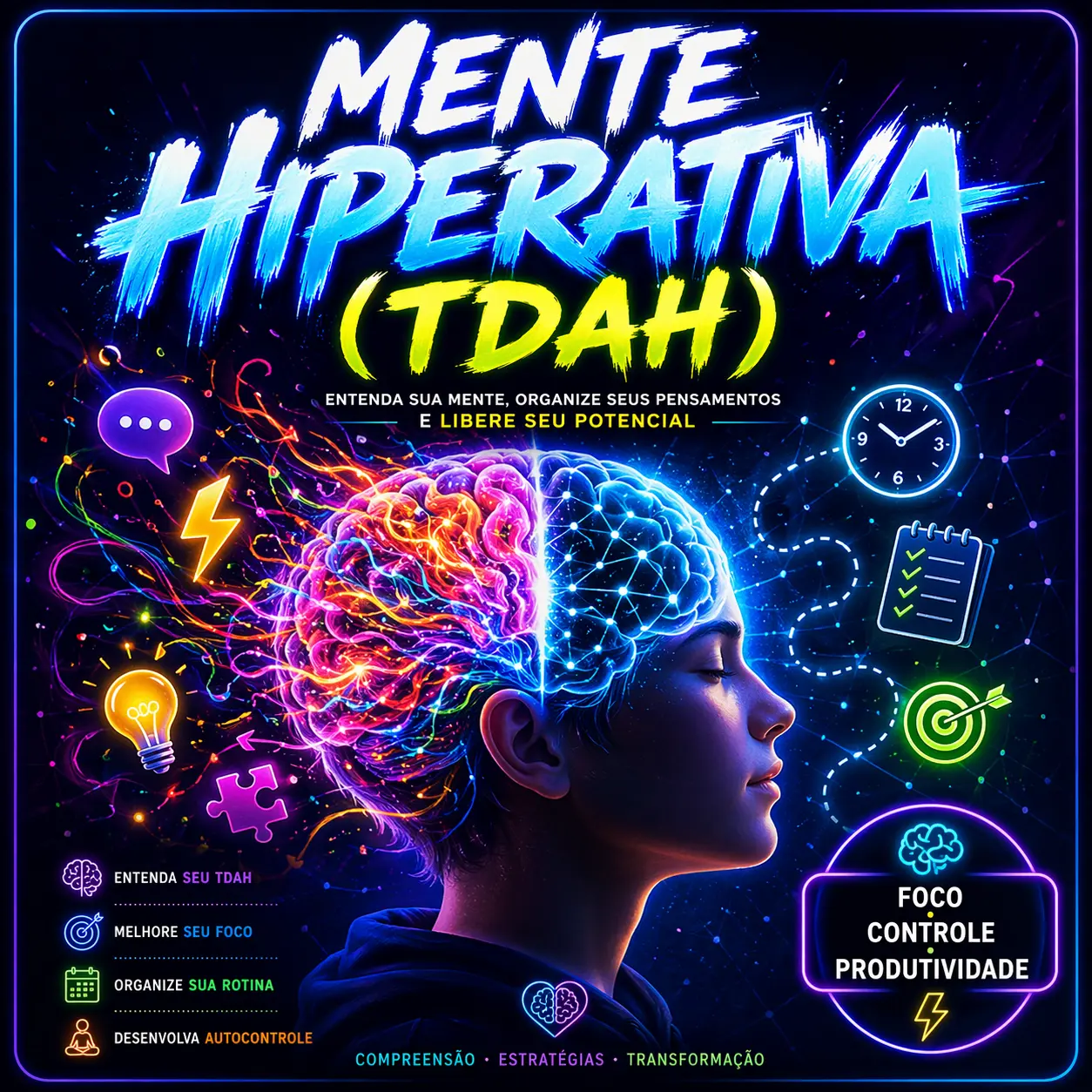 INFOGRÁFICO OU CAPA DO EBOOK UNIVERSO TDAH COM ESTRATÉGIAS PARA MELHORAR O FOCO E A PRODUTIVIDADE NO DIA A DIA.