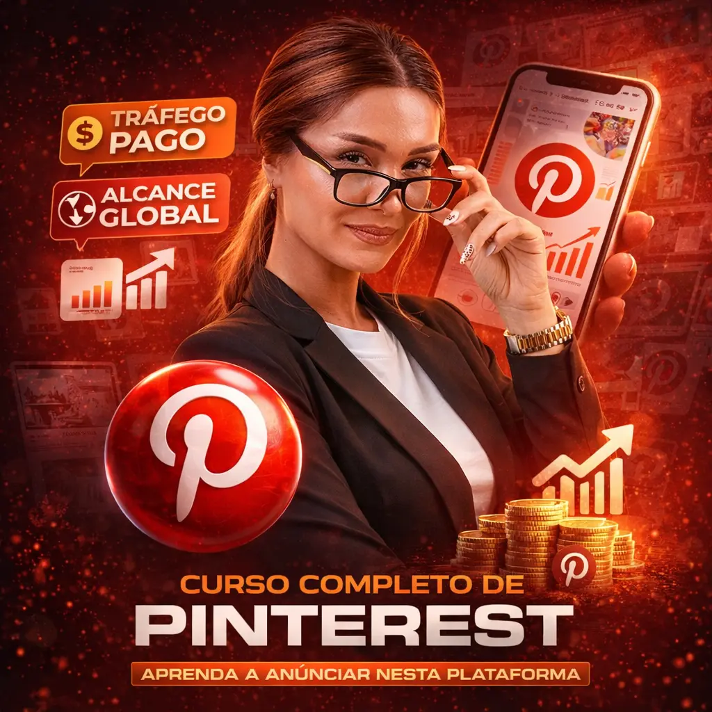 INTERFACE DO PINTEREST BUSINESS COM ESTRATÉGIAS DE PINS VIRAIS EM CURSO EM VÍDEO PROFISSIONAL.