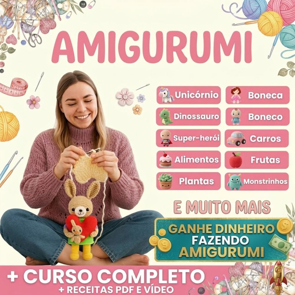 Bonecos de amigurumi feitos à mão com técnica de crochê profissional em curso em vídeo lucrativo.