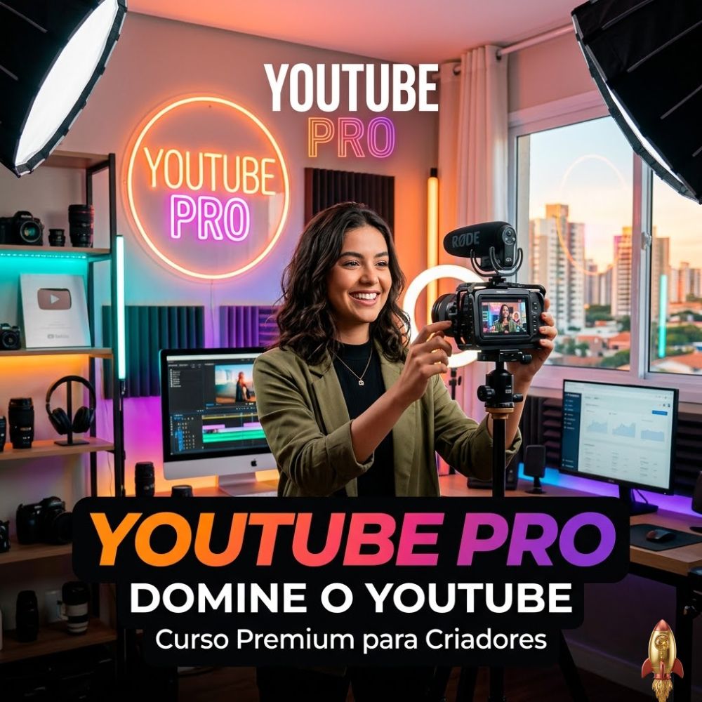 PAINEL DO YOUTUBE STUDIO COM MÉTRICAS DE CRESCIMENTO E VISUALIZAÇÕES EM CURSO EM VÍDEO PROFISSIONAL.